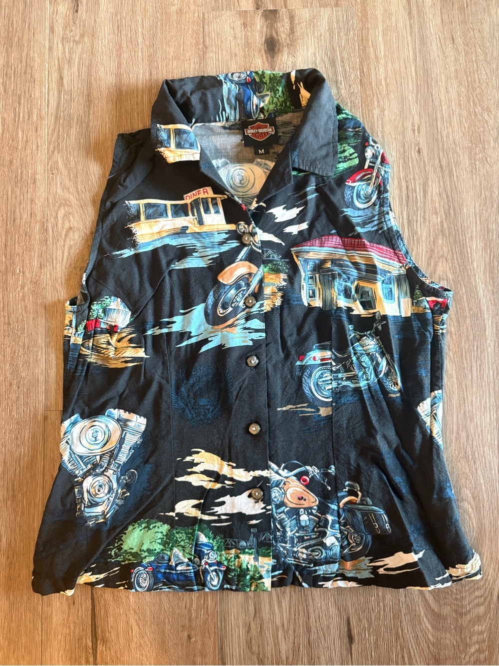 Harley-Davidson Black Sleeveless Button-Up Shirt with Motorcycle Print